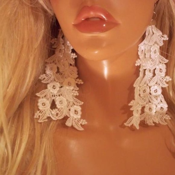 White Lace Earrings By PrettiFlower, White Flower Earrings, Long White Earrings - Picture 1 of 1